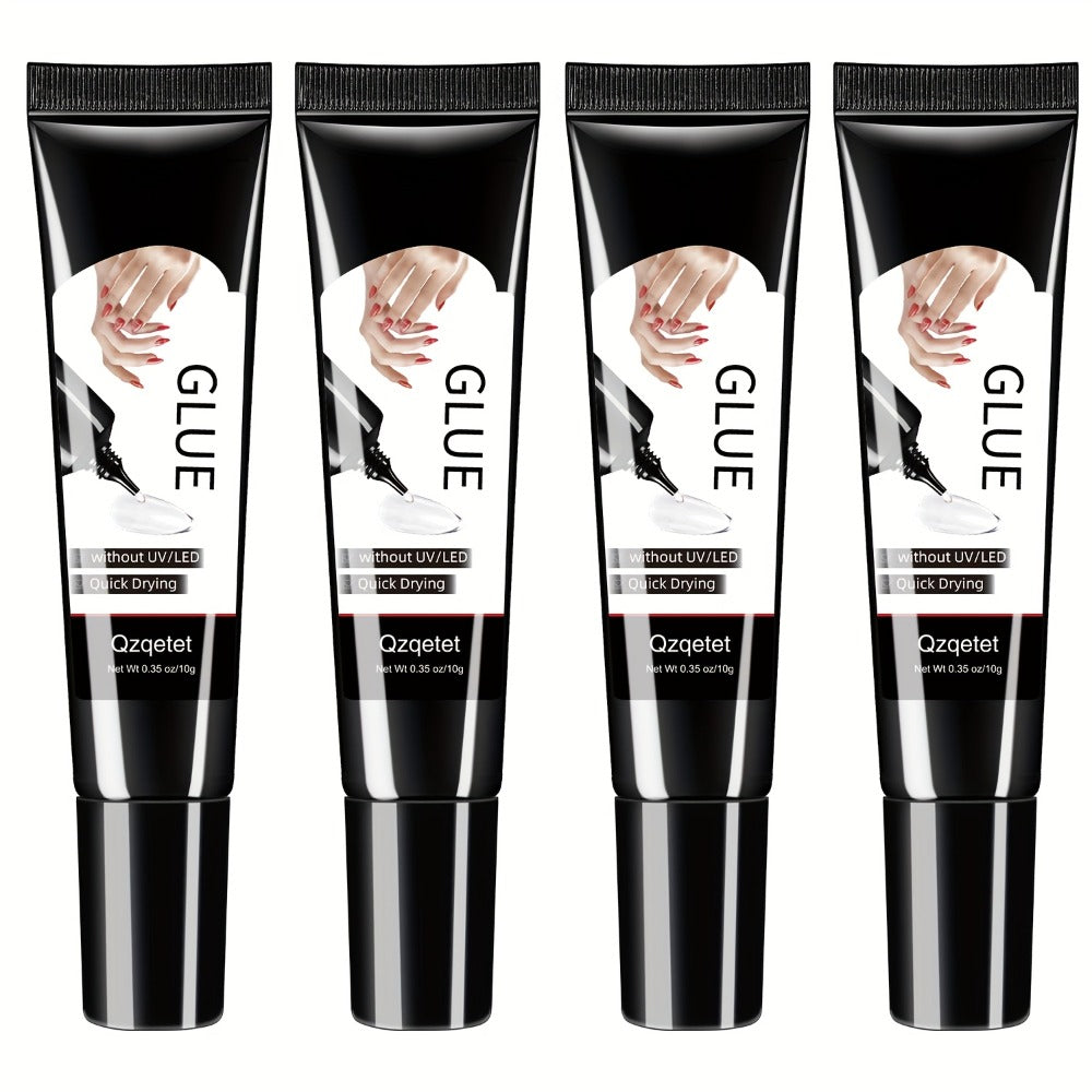 Quick-Dry Nail Glue 4-Pack Strong Hold Gel Formula — Press On Nail Adhesive for Acrylic Nails Gems Rhinestones Nail Art, Precision Tip Long Lasting Manicure Glue 10g Each