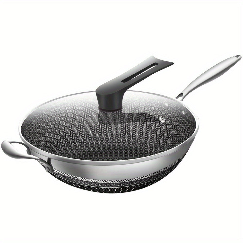 Stainless Steel Wok 13.3 Inch Honeycomb Non-Stick with Lid Spatula & Pot Brush – All Cooktop Compatible Stir Fry Pan | Induction Gas Electric Ceramic | Complete Kitchen Wok Set Cooking Accessories