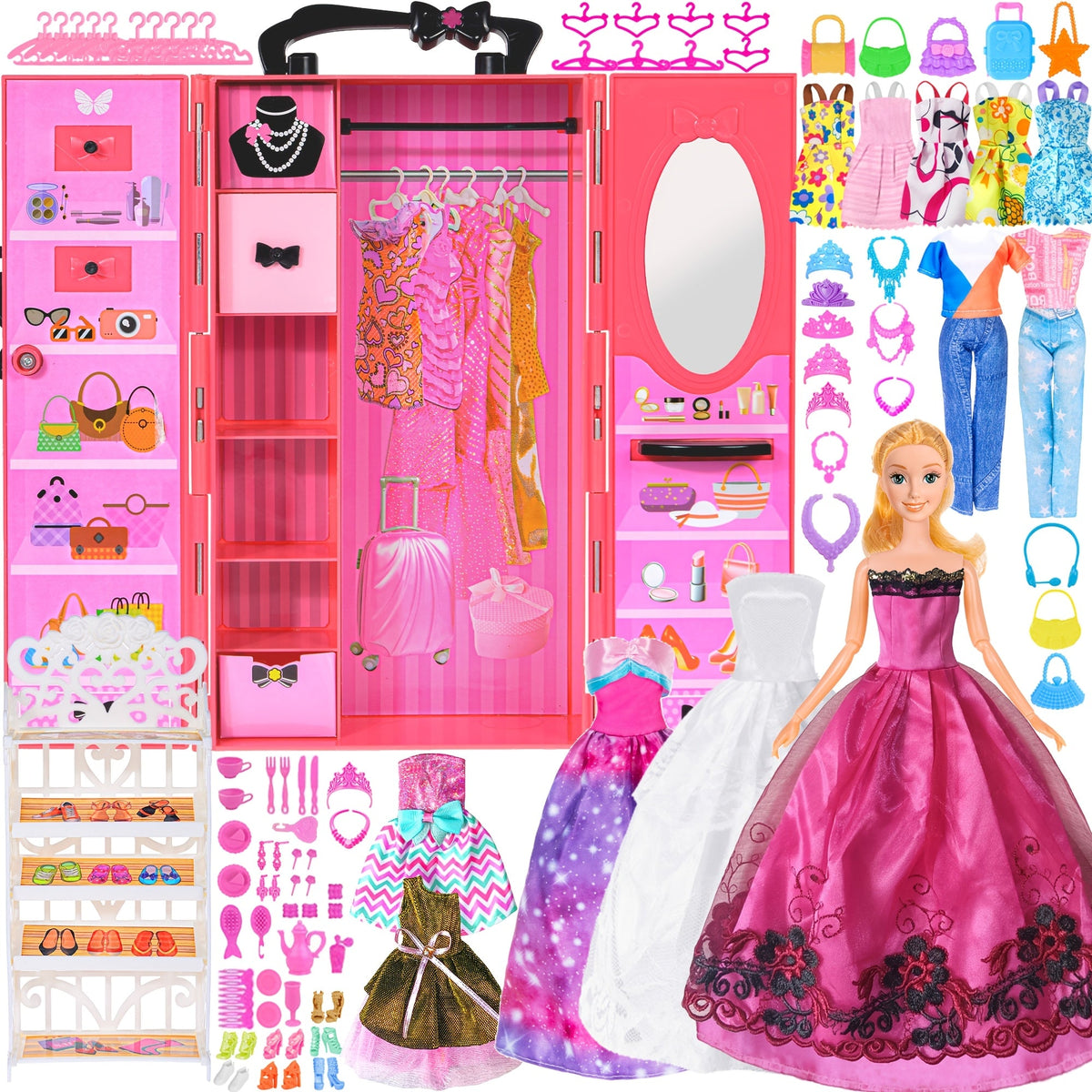 140-Piece Fashion Doll Wardrobe Set with 11.5-Inch Doll and Closet