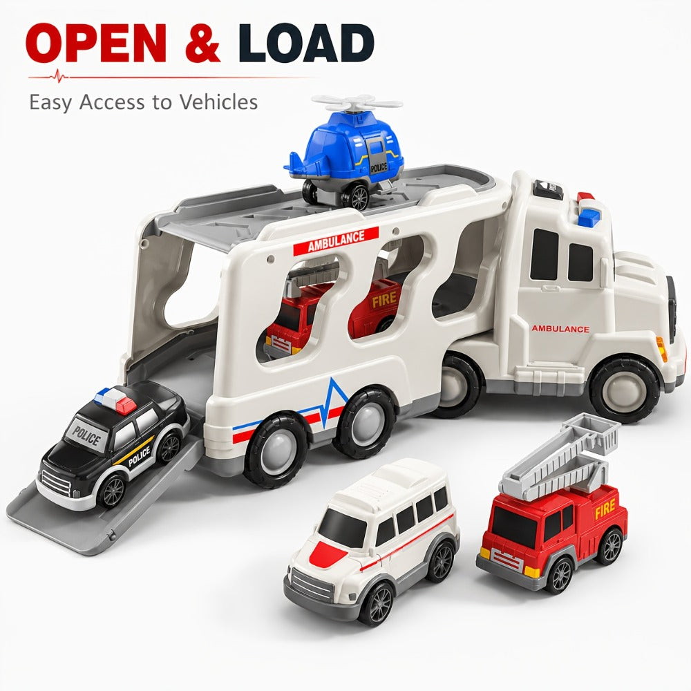 Ambulance Carrier Truck Toy Set, 5-in-1 with Lights, Sound and Rescue Vehicles