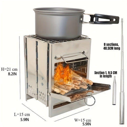 Wood Burning Camp Stove, Foldable Stainless Steel Outdoor Cooker, Silver