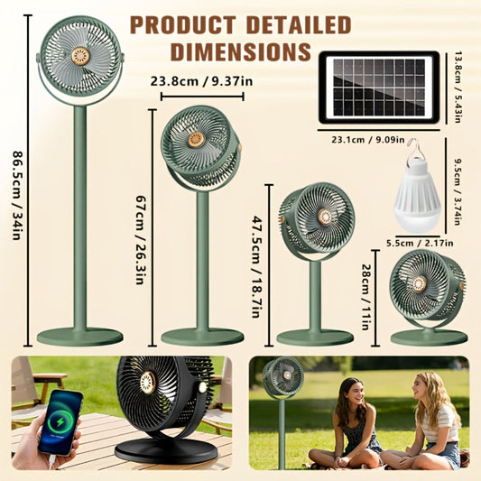 Solar & USB Rechargeable Floor Fan with 4000mAh Power Bank and 5 Speed Settings
