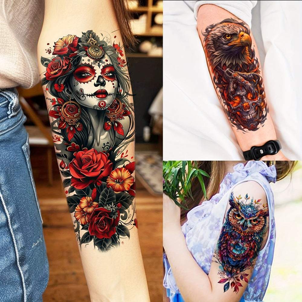 Temporary Tattoos for Adults 71 Sheets Waterproof Long Lasting Old School Gothic Punk Chicano Tiger Wolf Lion Dragon Skull Floral Body Art for Halloween Parties Festivals Costumes