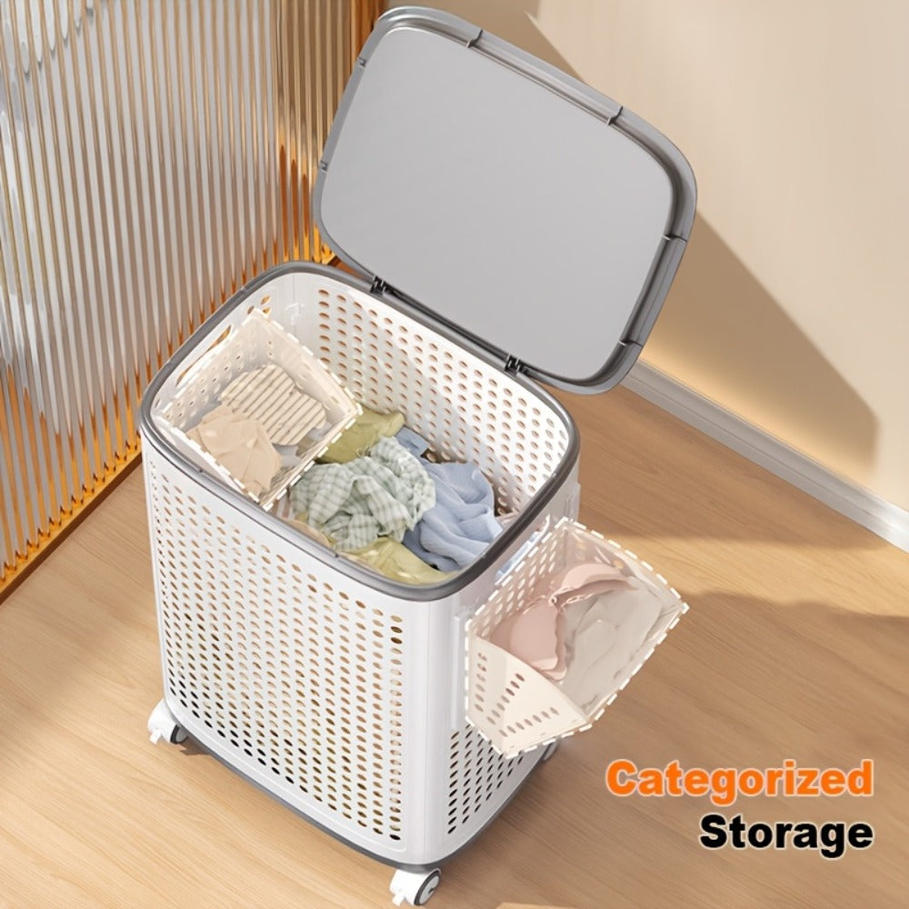 Rolling Laundry Basket with Lid and Wheels – Large Foldable Ventilated Storage Bin with Lockable Casters, Removable Inner Basket for Underwear, Space-Saving Clothes Hamper for Bedroom & Bathroom