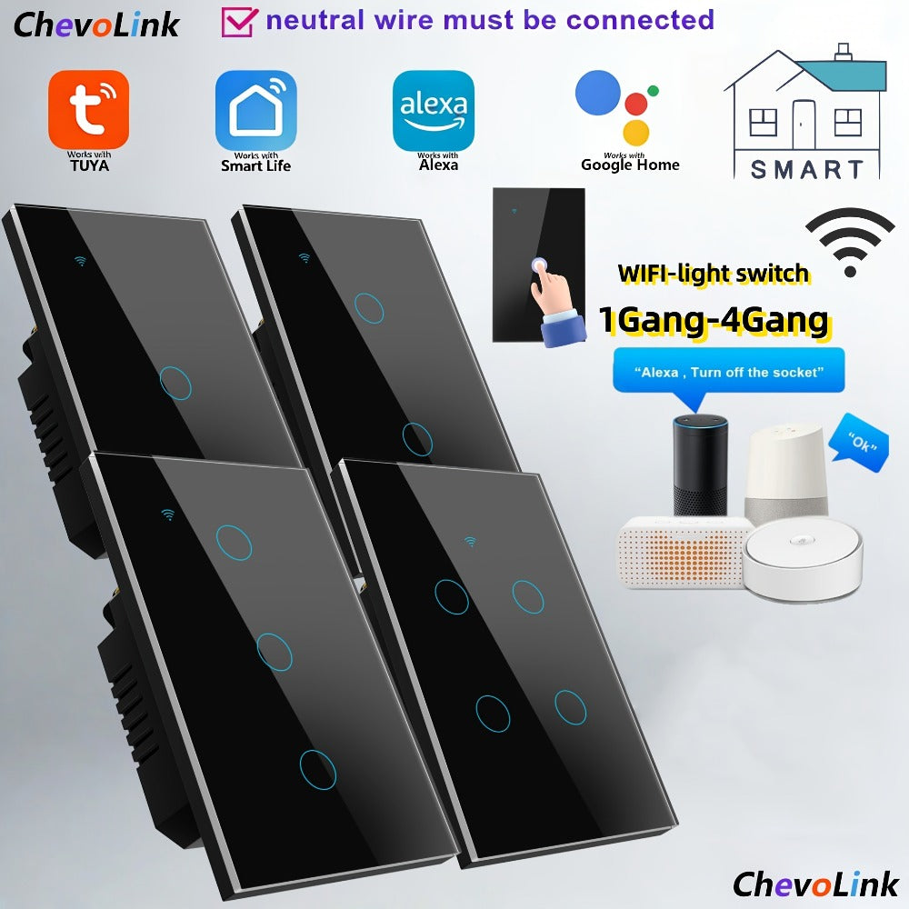 Black Tempered Glass WiFi Smart Light Switch 1/2/3/4 Gang – US Standard, Works with Alexa & Google Home, Tuya App, Smart Scenes, Timer, Voice & App Control, Neutral Wire Required, 100-240V
