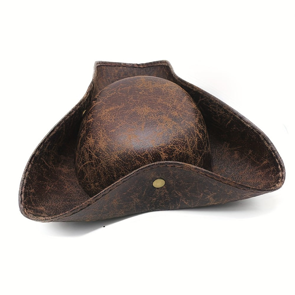 Pirate Tricorn Costume Hat with Distressed Faux Leather Look, Black or Brown