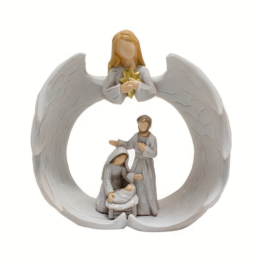 Nativity Scene Statue - White Resin Holy Family & Angel for Indoor Christmas Decor