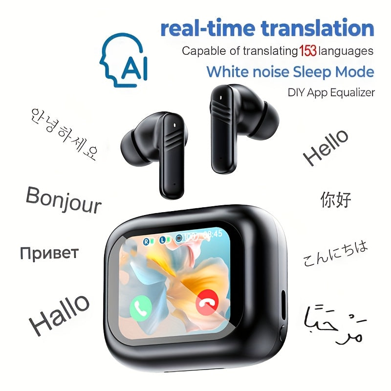 ANC AI Translation Earbuds with LCD Screen – Active Noise Cancelling Wireless In-Ear Headphones for Business Meetings International Travel Multi-Language Real-Time Translator