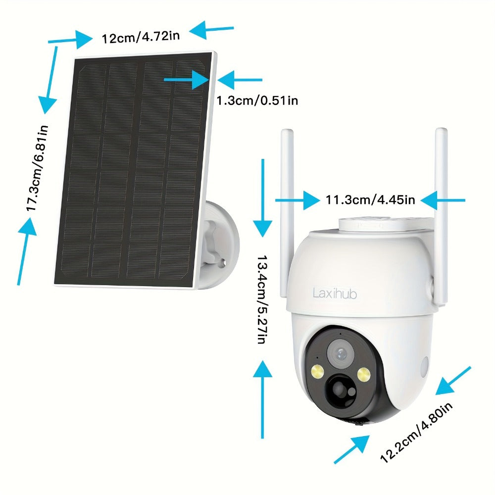 Wire-Free Solar Outdoor Security Camera 3MP PTZ 360° Pan-Tilt, AI Human Detection, Color Night Vision, Two-Way Audio, 2.4G WiFi, Cloud & SD Storage – Laxihub GO2T Wireless Weatherproof Camera