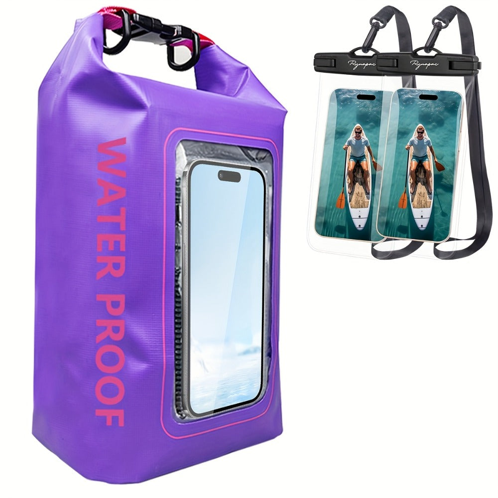 Waterproof Dry Bag Set 3-Piece Roll Top Backpack with Phone Pouch & Dry Sack - Kayaking Boating Camping Swimming Beach Fishing Rafting Travel Gear for Men Women, 1.32 Gal Lightweight PVC Water Sports Bag
