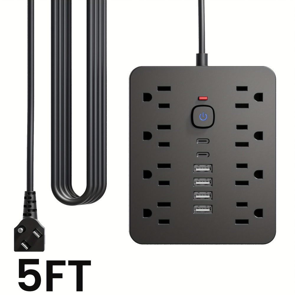 Flat Plug Wall Mount Power Strip 14-in-1 Surge Protector - 8 AC Outlets, 4 USB-A & 2 USB-C Ports, 5ft/10ft Extension Cord, Overload Protection, Desktop Charging for Home Office