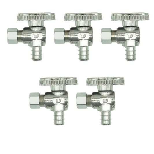 PEX Angle Stop Valves, 1/2 in x 3/8 in OD Compression, Quarter-Turn, 5-Pack