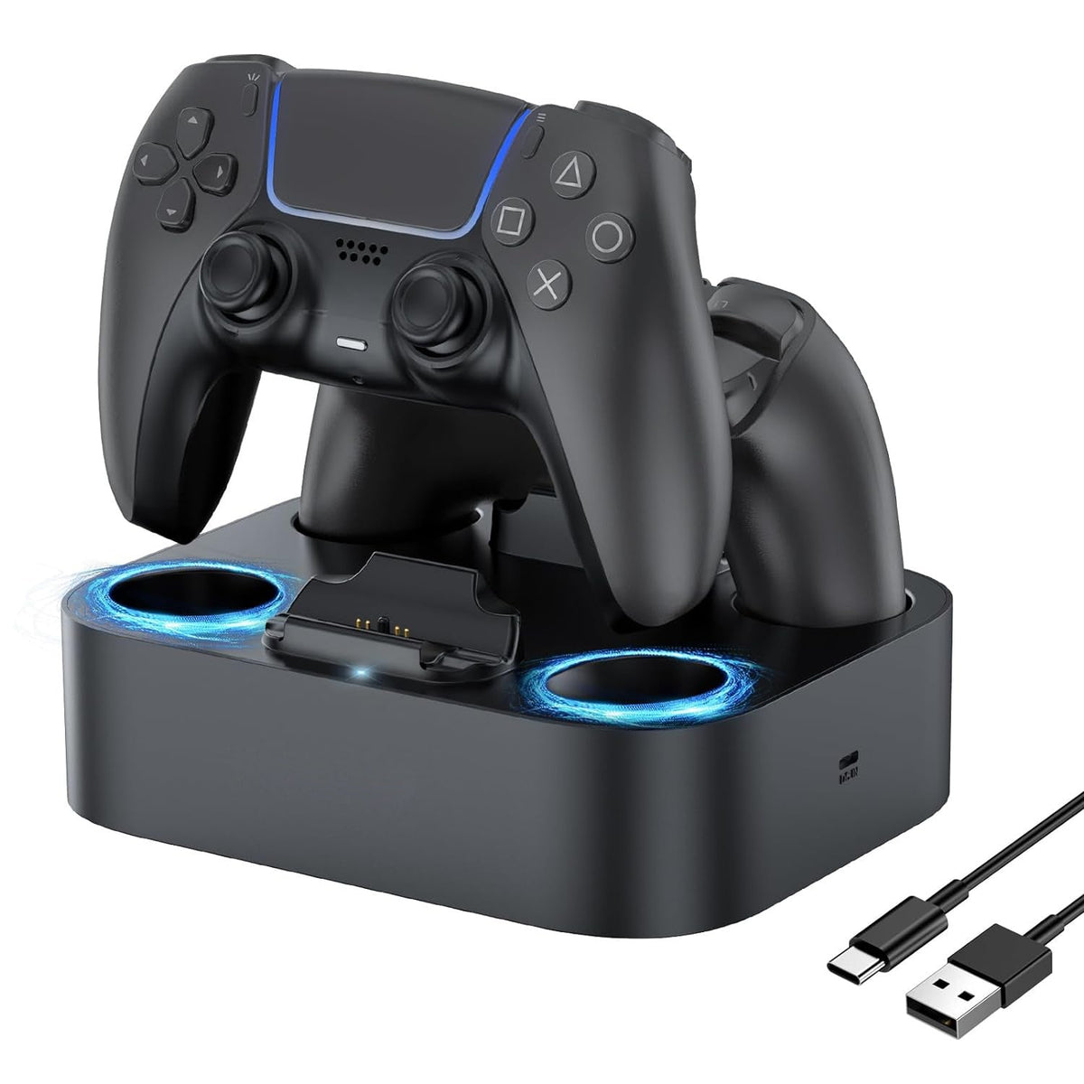 Safe Charging PS5 Controller Charging Station with Smart Chip – Dual Fast Charging Dock for DualSense & DualSense Edge, 2.5Hr Full Charge, Blue LED Indicator, Non-Slip Pad, Cable Included