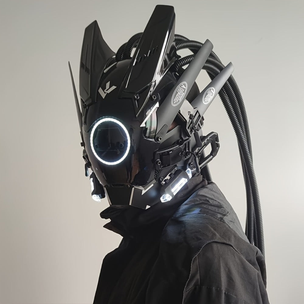 LED Punk Mask with Tubular Braids & Helmet – Futuristic Sci-Fi Mechanical Cosplay Mask for Halloween, Rave Music Festival & Party, Blue Green Pink, Handmade TPU PC Unisex Adult Costume Prop
