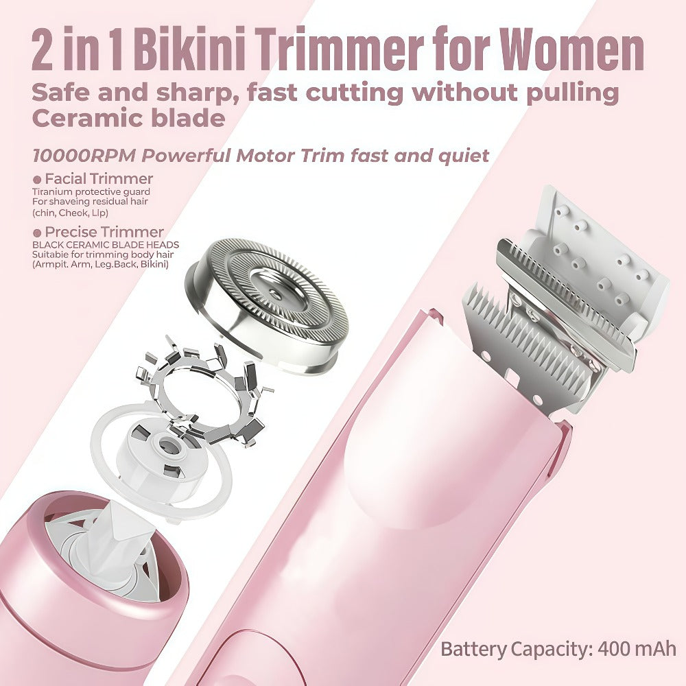 Bikini Trimmer for Women 2-in-1 Dual Head IPX7 Waterproof Electric Shaver Body Hair Trimmer Facial Hair Remover Bikini Underarm Leg Arm Face 90-Min Battery USB Rechargeable Pink Travel-Friendly