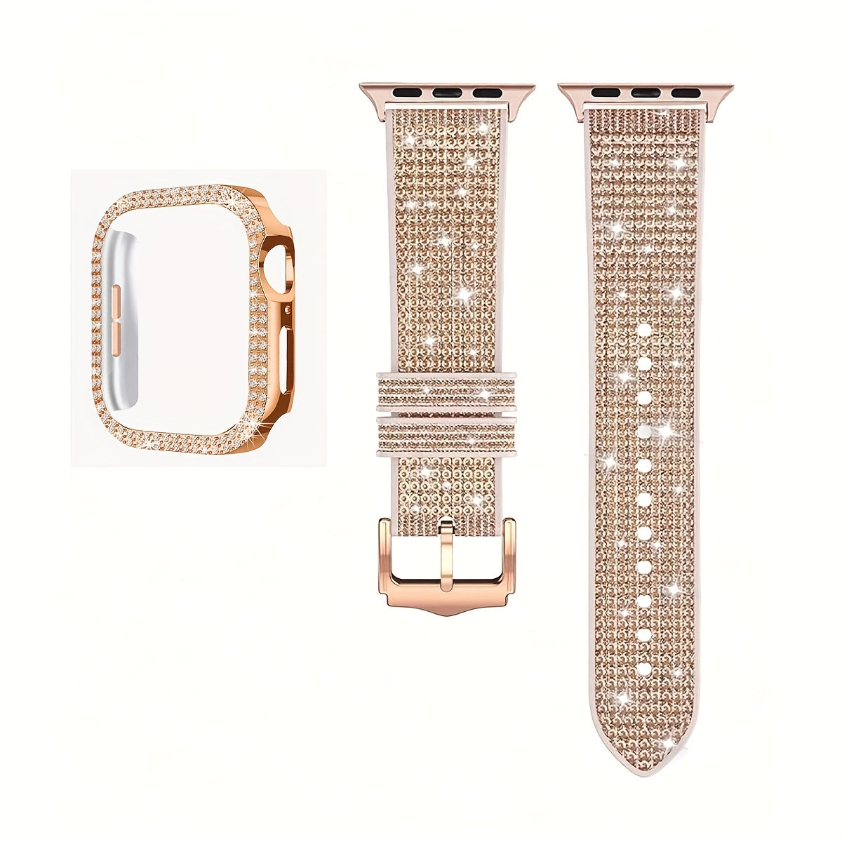 Apple Watch Band with Case Crystal Rhinestone Bling, Chameleon Color-Shift Strap + Shockproof Hard PC Cover, Compatible with Apple Watch Series 1-9 SE Ultra 38mm to 49mm S10 – Rose Gold Black Silver Women