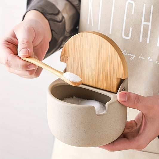 Ceramic Seasoning Pot Set with Lids, Spoons and Tray for Countertop Spice Storage