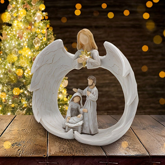 Nativity Scene Statue - White Resin Holy Family & Angel for Indoor Christmas Decor