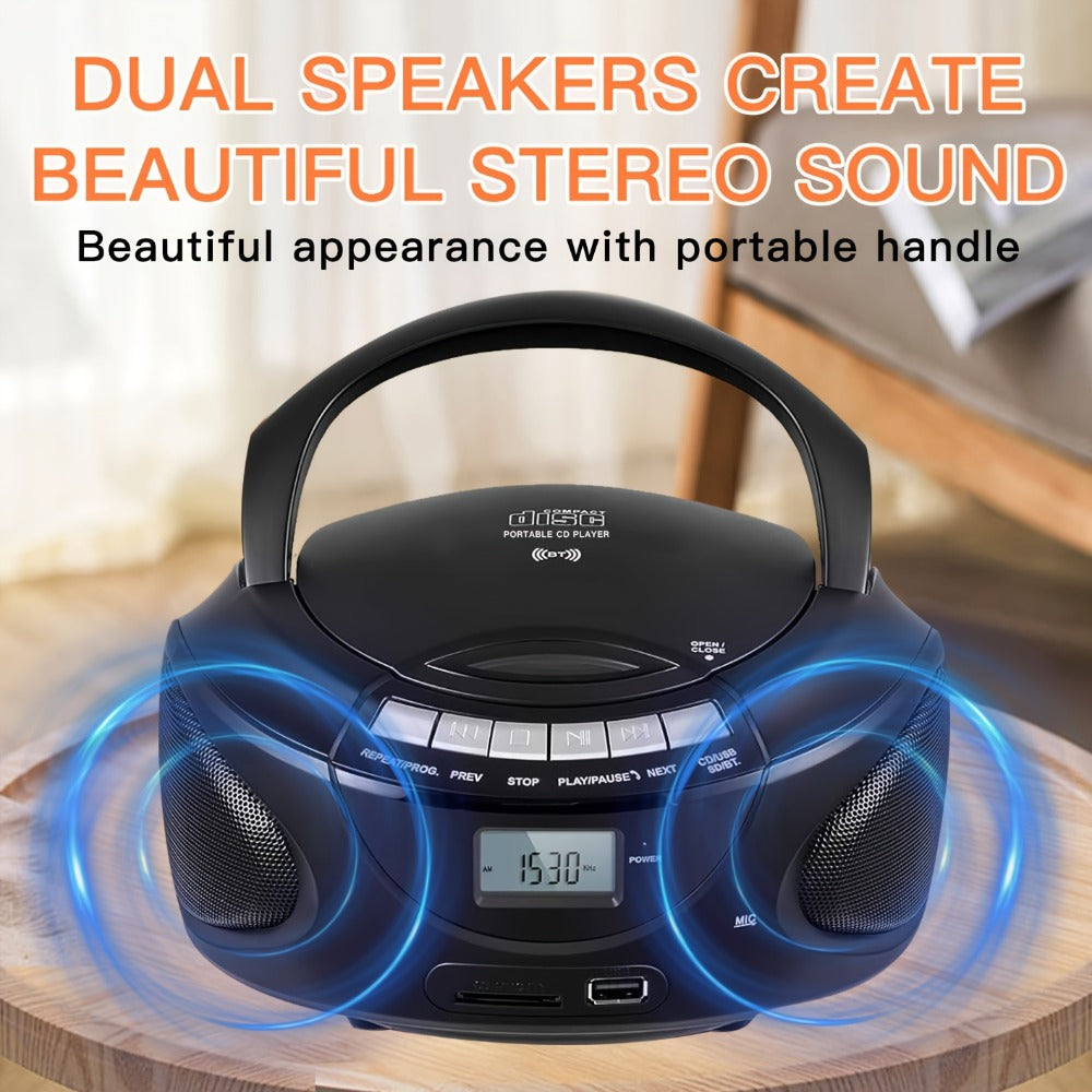Portable CD Player Boombox with AM FM Radio Dual Stereo Speakers, Aux Input USB TF Card MP3 Player, Earphone Jack, A-B Repeat, Plug & Play 120V, Multi-Function Home & Outdoor CD Boombox