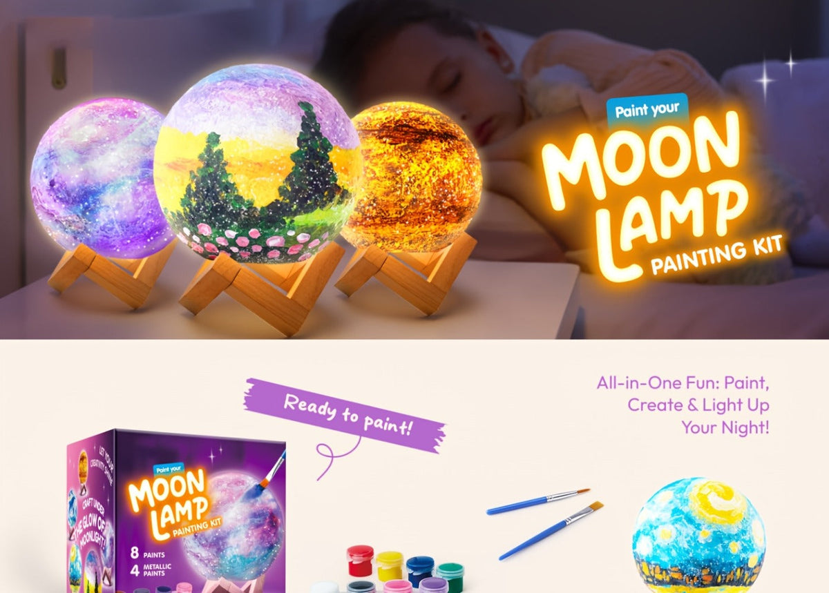 DIY Moon Lamp Craft Kit for Kids Paint Your Own 3D Moon Night Light with 12 Paints 4 Metallic Colors 2 Brushes Wooden Base Arts and Crafts Gift for Girls Boys Ages 6+ Birthday Christmas