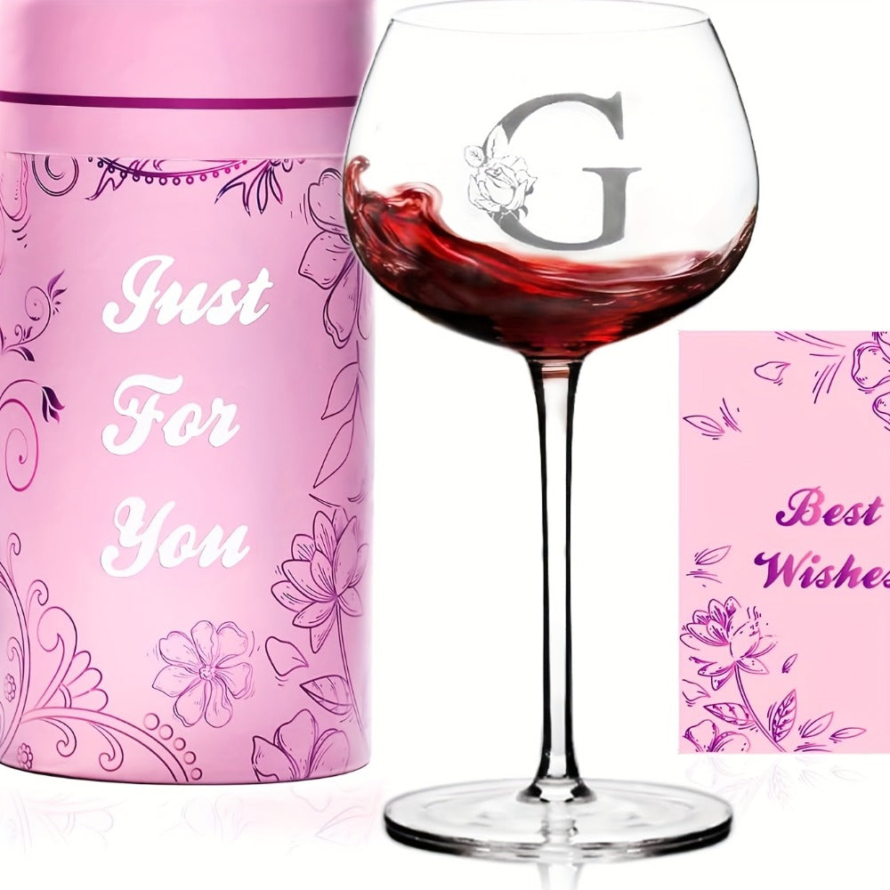 Personalized Wine Glass Gift for Women – A-Z Initial Letter Monogrammed Wine Glass with Gift Box & Greeting Card – Unique Birthday, Christmas & Mother's Day Gift for Mom, Best Friend & Sister