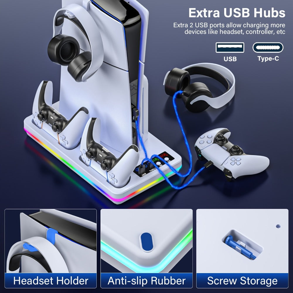 PS5 Cooling Stand with Dual Controller Charging Dock – Compatible with PS5/Slim/Pro Standard & Digital Edition, 3-Speed Fan, 10 RGB Lights & USB Hub, PlayStation 5 Gaming Accessories
