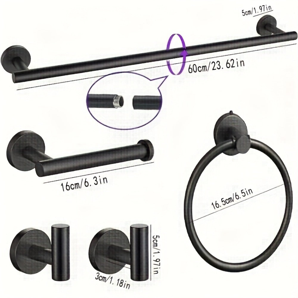5-Piece Bathroom Hardware Set SUS304 Stainless Steel 24" Towel Bar Towel Ring Toilet Paper Holder Robe Hooks Black Silver Gold