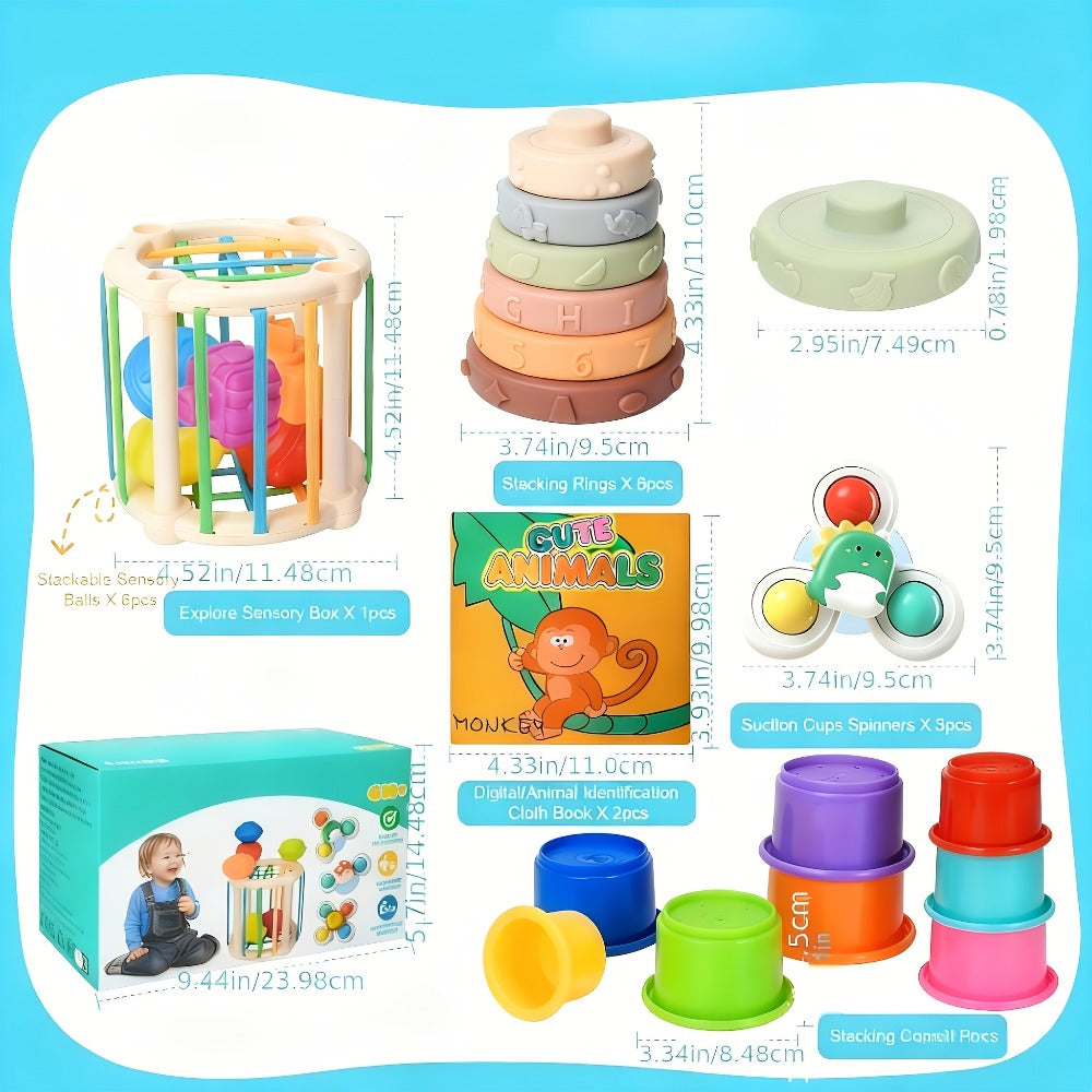 3-in-1 Baby Sensory Toy Set, Stacking Cups, Spinning Top & Cloth Book