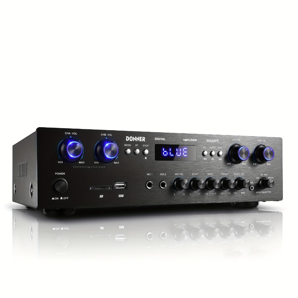 Donner 4-Channel Home Stereo Receiver Amplifier with USB SD FM Radio, Dual Mic Input Echo, RCA, LED Display for Home Sound System Karaoke Living Room