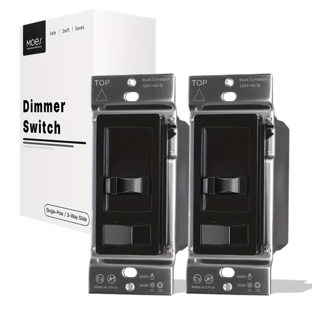 MOES Slide Dimmer Light Switch 3-Way & Single Pole No Neutral Wire – 600W Max, Compatible with LED CFL Incandescent Halogen, On/Off Dimming Control, Bedroom Hallway Living Room, Black & White (2/6-Pack)