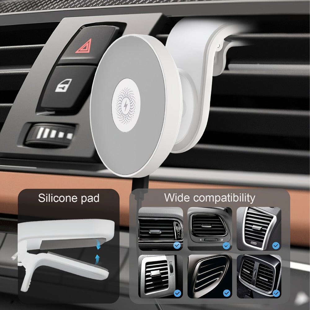 Magnetic Wireless Car Charger Mount 15W 360° Swivel Ball Joint Air Vent Holder for iPhone 17 17 Air 17 Pro Max 16 15 14 13 12 Series, Samsung Galaxy S24 S23 S22 & All Qi Devices – White