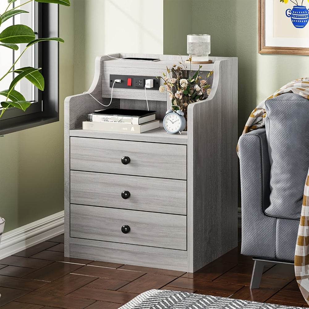 Nightstand with Power Outlets and USB Ports – 3-Drawer Hutch Charging Station | 2 Outlets 2 USB | Bedroom End Table Side Table | 14"D x 17.7"W x 26.8"H | Gray or White | Housewarming Gift