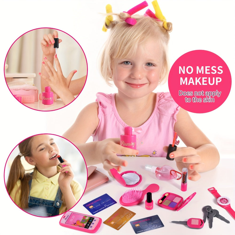 Pretend Play Purse Set with Toy Phone, Pretend Makeup, Keys & Crossbody Bag, Pink