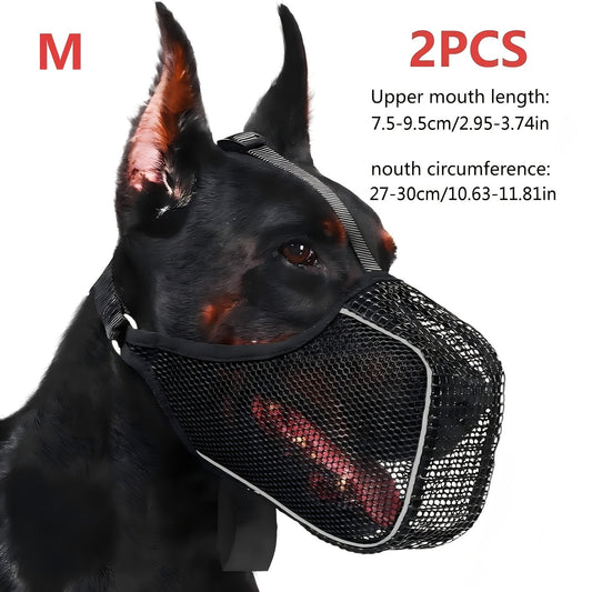 Dog Muzzles, Reflective Polyester Mesh with Adjustable Straps, Black 2-Pack