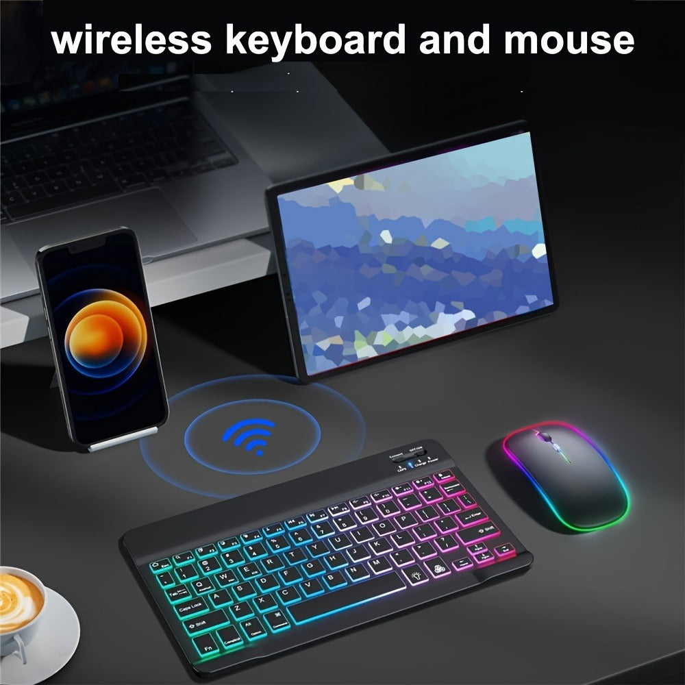 Wireless Keyboard and Mouse Combo Ultra-Thin Backlit Rechargeable Type-C Silent Keys Optical Mouse Portable for PC Laptop Tablet iPad QWERTY Layout Breathing Light Effect