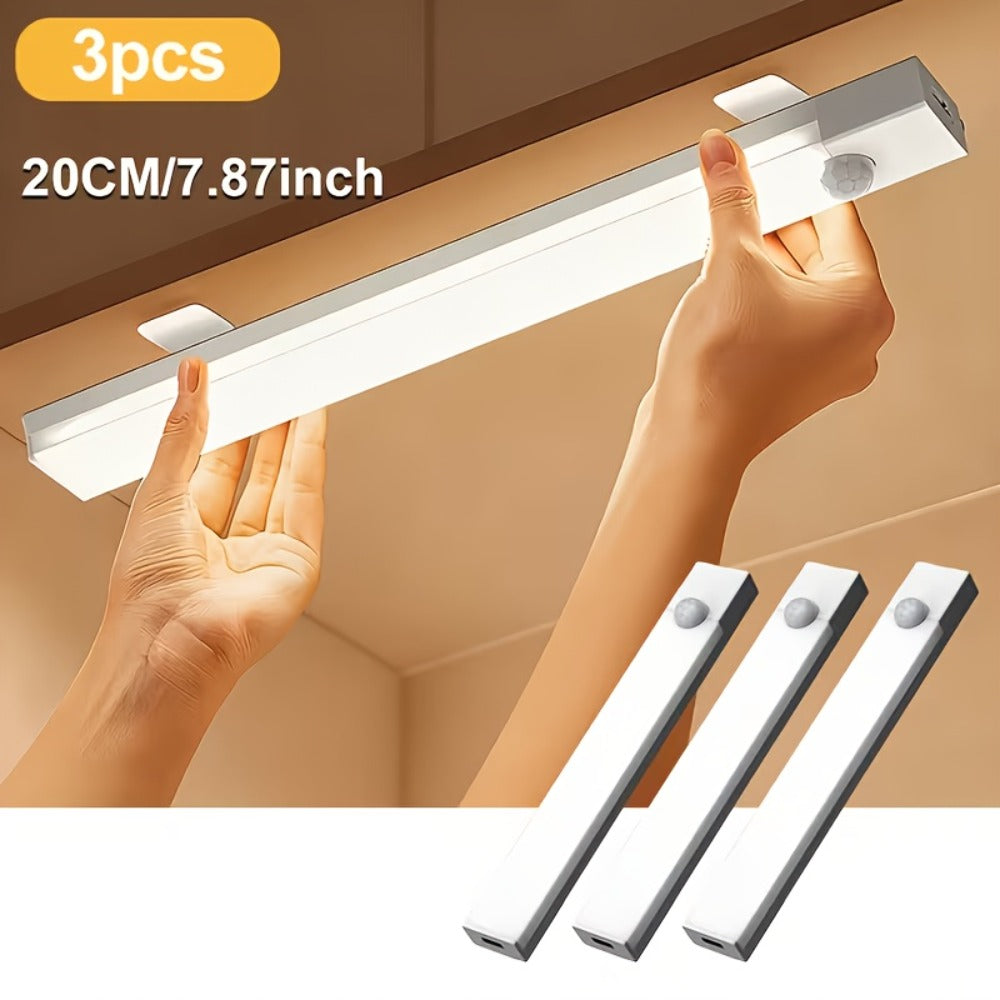 Rechargeable Motion Sensor LED Night Light 6 Pack - 400mAh USB, 3 Brightness Levels, Wireless Stick-On Bar for Cabinet, Stair, Bedroom, Kitchen & Hallway (3.94" / 7.87" / 11.8", 3 or 6 Pack)