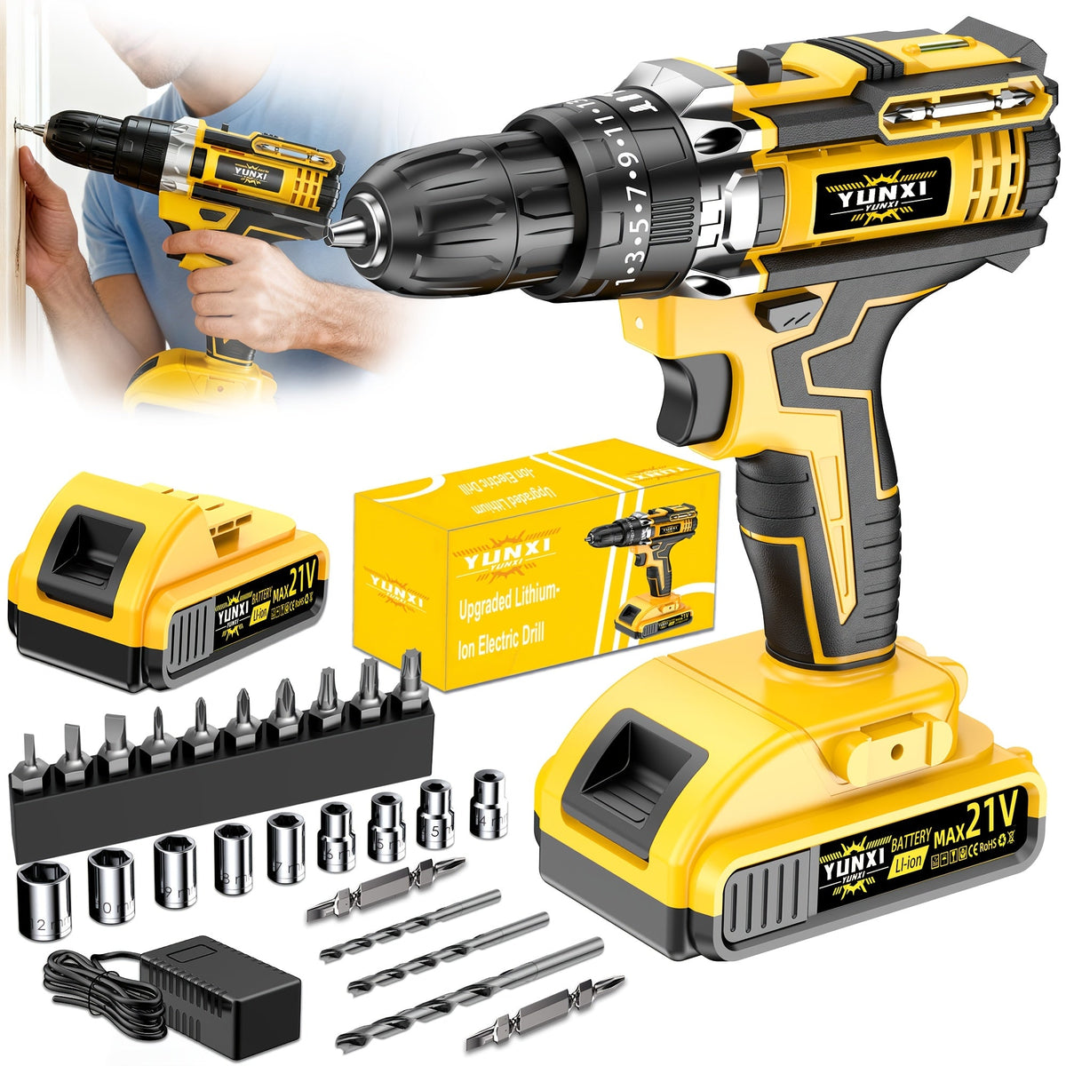 Cordless Impact Drill Set 21V – Electric Power Drill with 2.0Ah Battery, Fast Charger, Screwdriver Bits, Work Light, Variable Speed & Torque Control for Home & Car Repair, Men's Gift