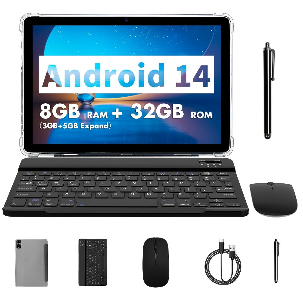 PRITOM Octa-Core Android 14 Tablet 10.1 Inch 8GB RAM 32GB ROM 2-in-1 with Keyboard Mouse Stylus & Protective Case, 1TB Expandable, Dual Camera, No WiFi Offline Tablet PC for Work Study Entertainment