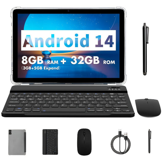 PRITOM Octa-Core Android 14 Tablet 10.1 Inch 8GB RAM 32GB ROM 2-in-1 with Keyboard Mouse Stylus & Protective Case, 1TB Expandable, Dual Camera, No WiFi Offline Tablet PC for Work Study Entertainment
