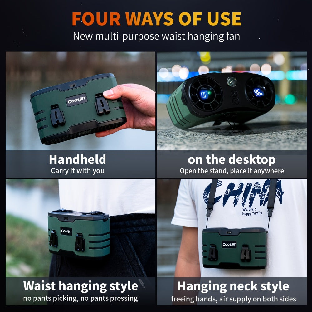 Portable Waist Fan 20000mAh – Dual Vent 7W Brushless Motor, 10 Speed Levels, 4 Wearing Modes, LED Digital Display, USB-C Charging, Wearable Neck & Waist Cooling Fan for Outdoor Camping Hiking Fishing