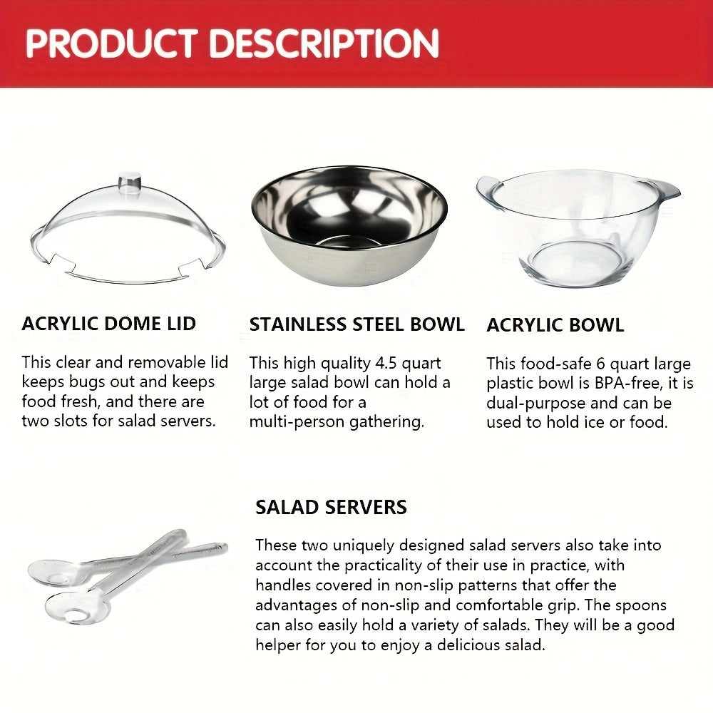 Stainless Steel Ice Chiller Salad Bowl with Lid and Serving Spoons – Large Refrigerated Veggie Fruit Tray with Ice Chiller Base for Party Entertaining Buffet Outdoor Picnic Food Display