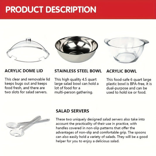 Stainless Steel Salad Bowl with Ice Chiller Base, Lid and 2 Serving Spoons