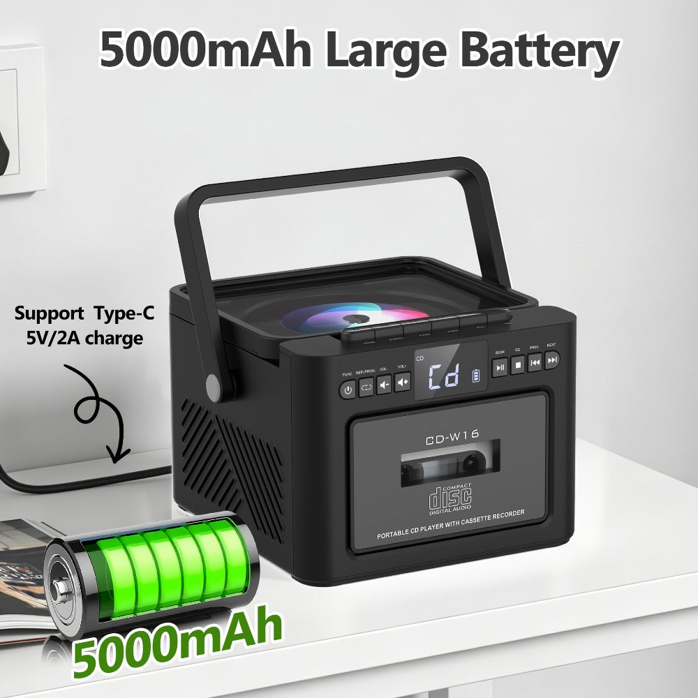 Portable Boombox CD Player with Cassette Tape, FM Radio & MP3 Player, HiFi Stereo Speaker System, 5000mAh Rechargeable Battery, USB AUX TF Card Playback, Retro All-in-One Audio System Gift