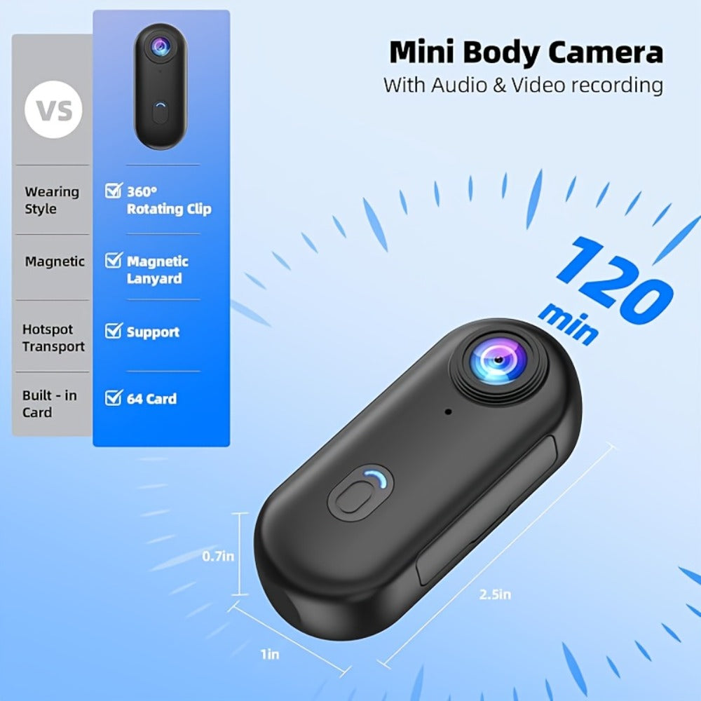 Thumb Size 1080P Body Camera Wearable Clip-On Sports Cam – 1.25oz Magnetic Mount, 150-Min Battery, 360° Rotating Clip for Work, Travel, Fishing, Pet Monitoring, Cycling & Outdoor Activities | POV Recorder