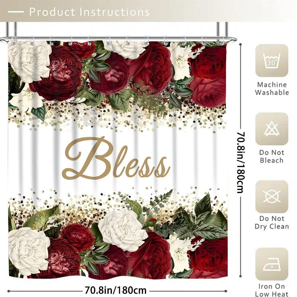 Rose Print Shower Curtain 4-Piece Bathroom Set – Toilet Lid Cover Mat Machine Washable with 12 Hooks Elegant Floral Decor