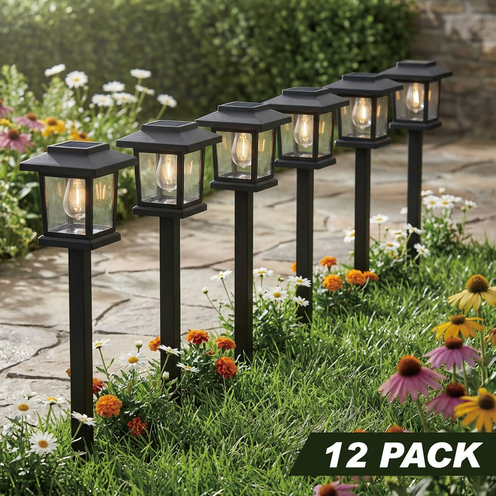 Solar Pathway Lights Outdoor Edison Style LED – Up to 12 Hours Auto On/Off IP44 Waterproof | Warm White Solar Garden Lights for Yard, Driveway & Walkway | Black & Brown Upgraded Stake Lights
