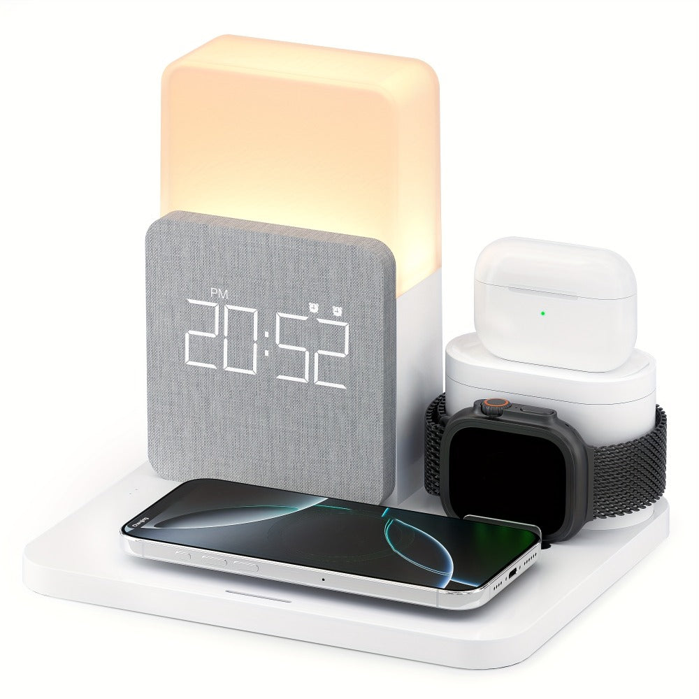 Alarm Clock 3-in-1 Wireless Charging Station with Clock Display – Bedside Charging Dock for iPhone 16 15 14 13 12 & Samsung Galaxy, Charges Phone Watch & Earbuds Simultaneously | Black White Gray