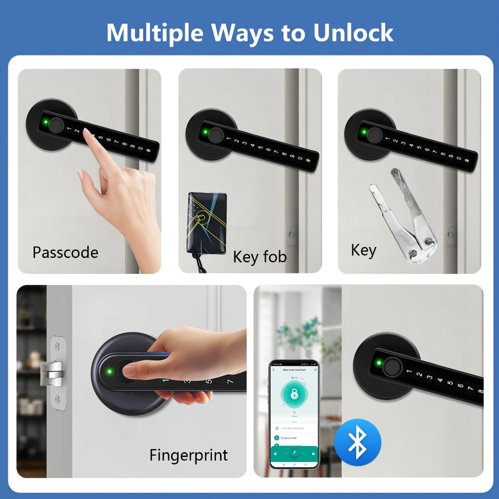 IC Card Door Lock Knob with Fingerprint, PIN & Key - 4-in-1 Biometric Keyless Entry Electronic Lock with Integrated Handle for Bedroom, Home, Hotel & Office, Easy DIY Install, Black