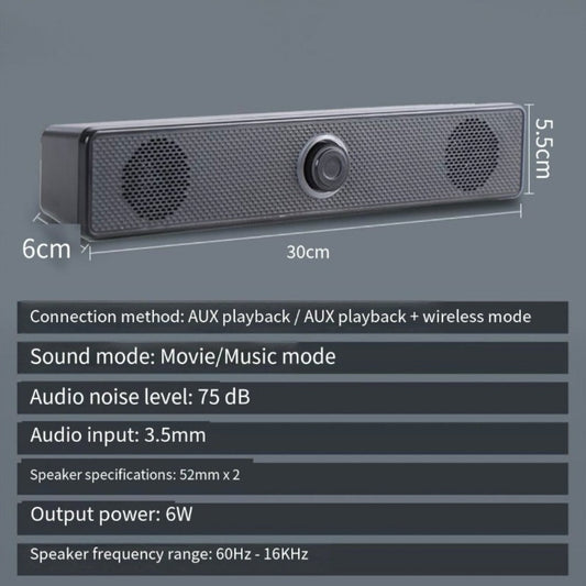 USB Wired Computer Soundbar with Stereo Audio, Volume Knob & Slim Design