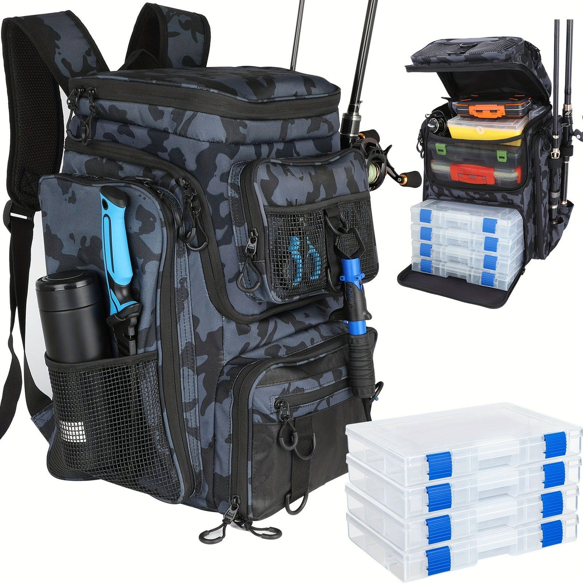 Waterproof Fishing Rod Backpack 42L – Built-In Rod Tube, 16 Pockets & Insulated Cooler Option | Black, Camo, Khaki, Gray
